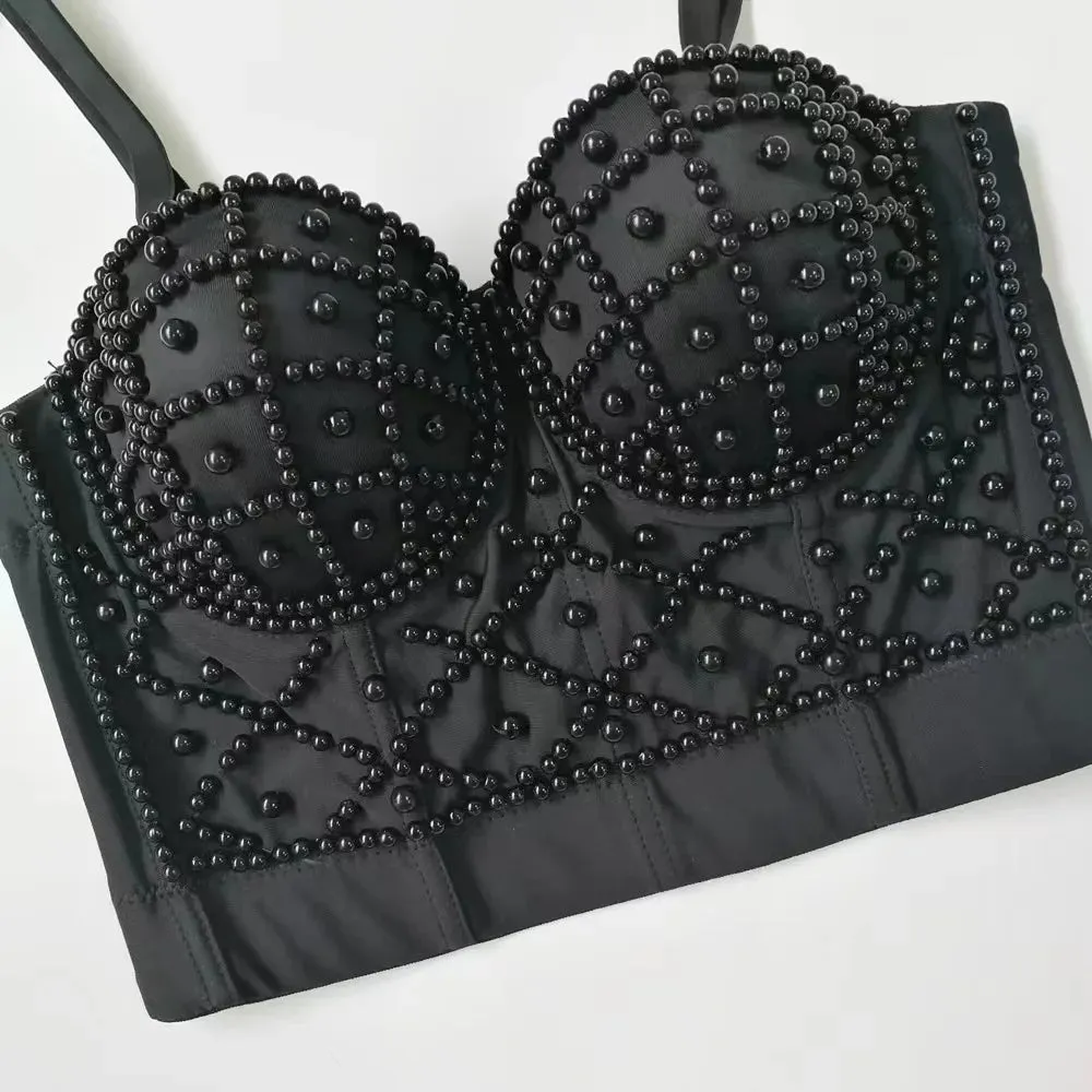 : Beaded Women’s Bustier Top - Sexy Corset Camisole with Pearl Padding for Nightclub Fashion