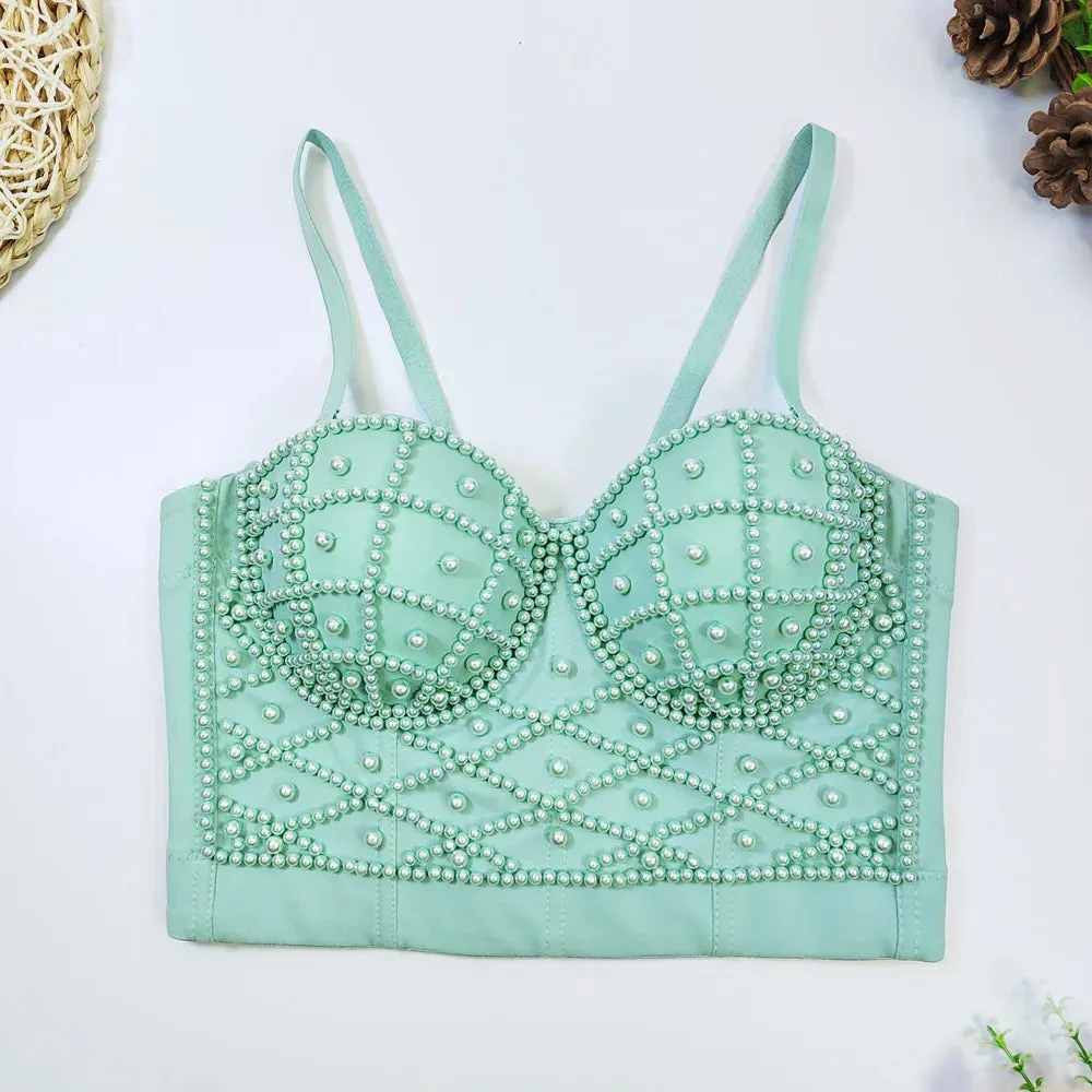 : Beaded Women’s Bustier Top - Sexy Corset Camisole with Pearl Padding for Nightclub Fashion