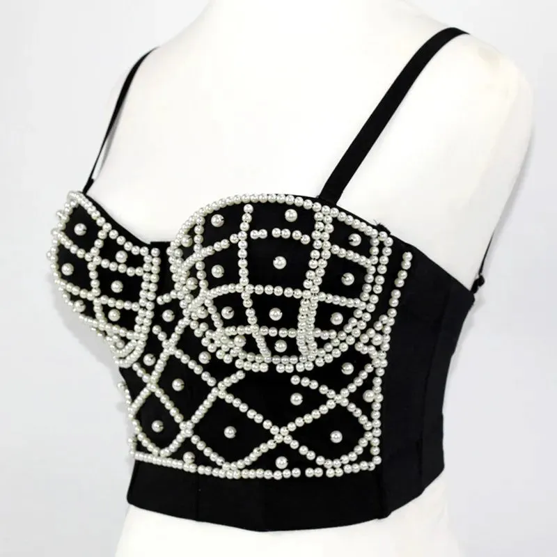 : Beaded Women’s Bustier Top - Sexy Corset Camisole with Pearl Padding for Nightclub Fashion