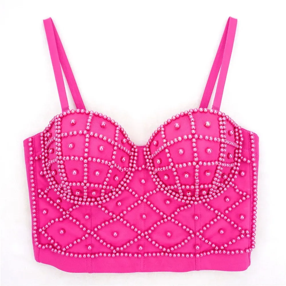 : Beaded Women’s Bustier Top - Sexy Corset Camisole with Pearl Padding for Nightclub Fashion