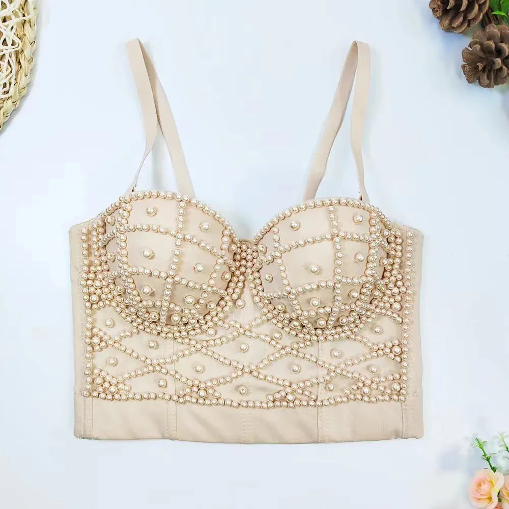 : Beaded Women’s Bustier Top - Sexy Corset Camisole with Pearl Padding for Nightclub Fashion