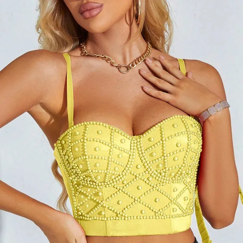 : Beaded Women’s Bustier Top - Sexy Corset Camisole with Pearl Padding for Nightclub Fashion