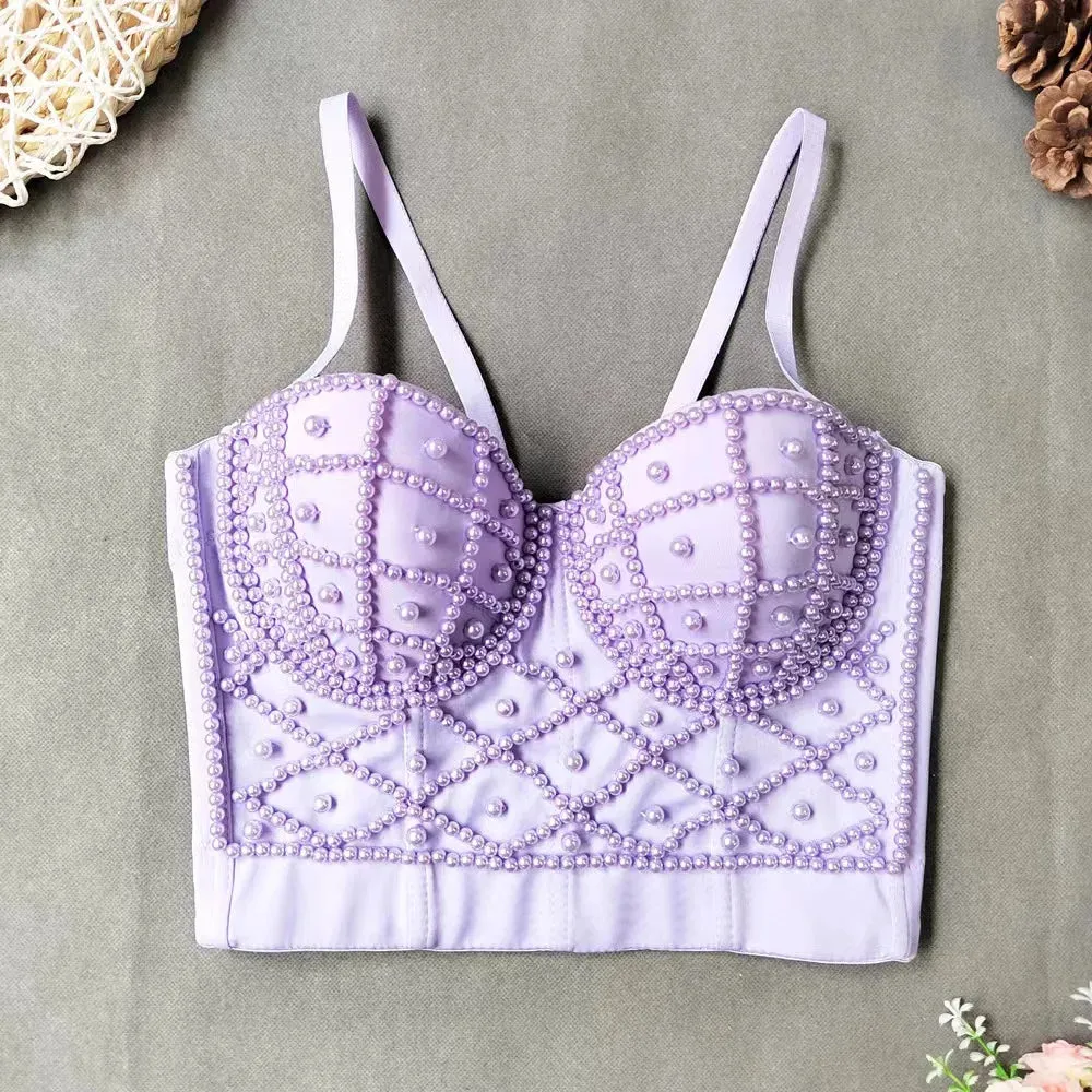 : Beaded Women’s Bustier Top - Sexy Corset Camisole with Pearl Padding for Nightclub Fashion
