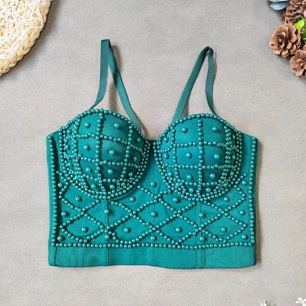 : Beaded Women’s Bustier Top - Sexy Corset Camisole with Pearl Padding for Nightclub Fashion