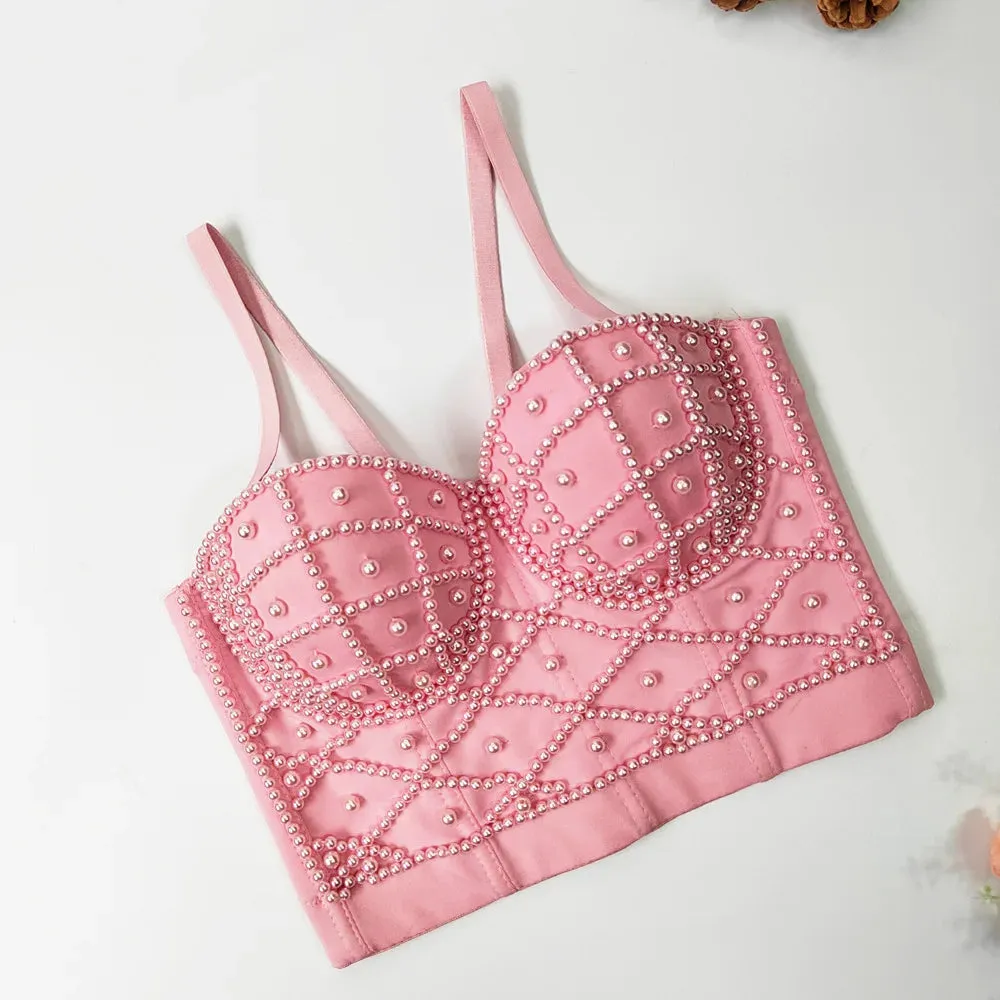 : Beaded Women’s Bustier Top - Sexy Corset Camisole with Pearl Padding for Nightclub Fashion