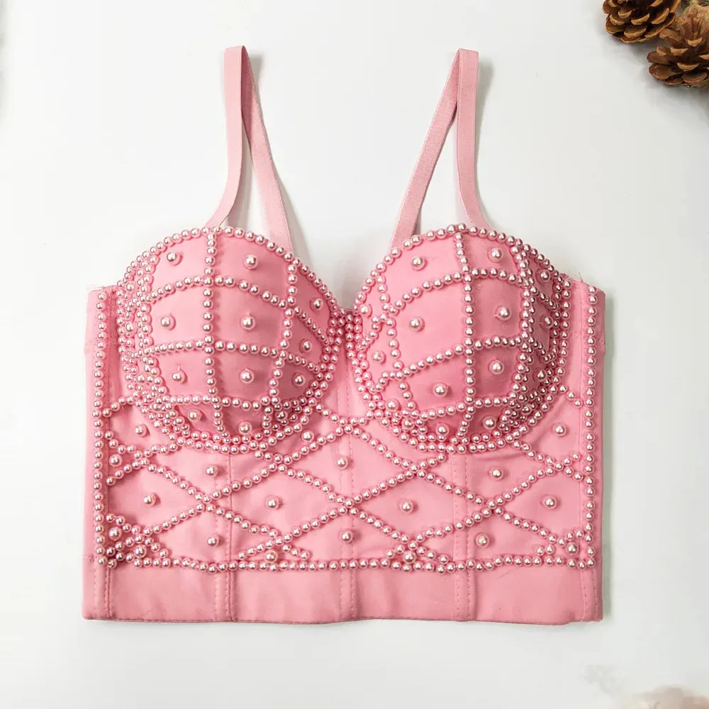 : Beaded Women’s Bustier Top - Sexy Corset Camisole with Pearl Padding for Nightclub Fashion