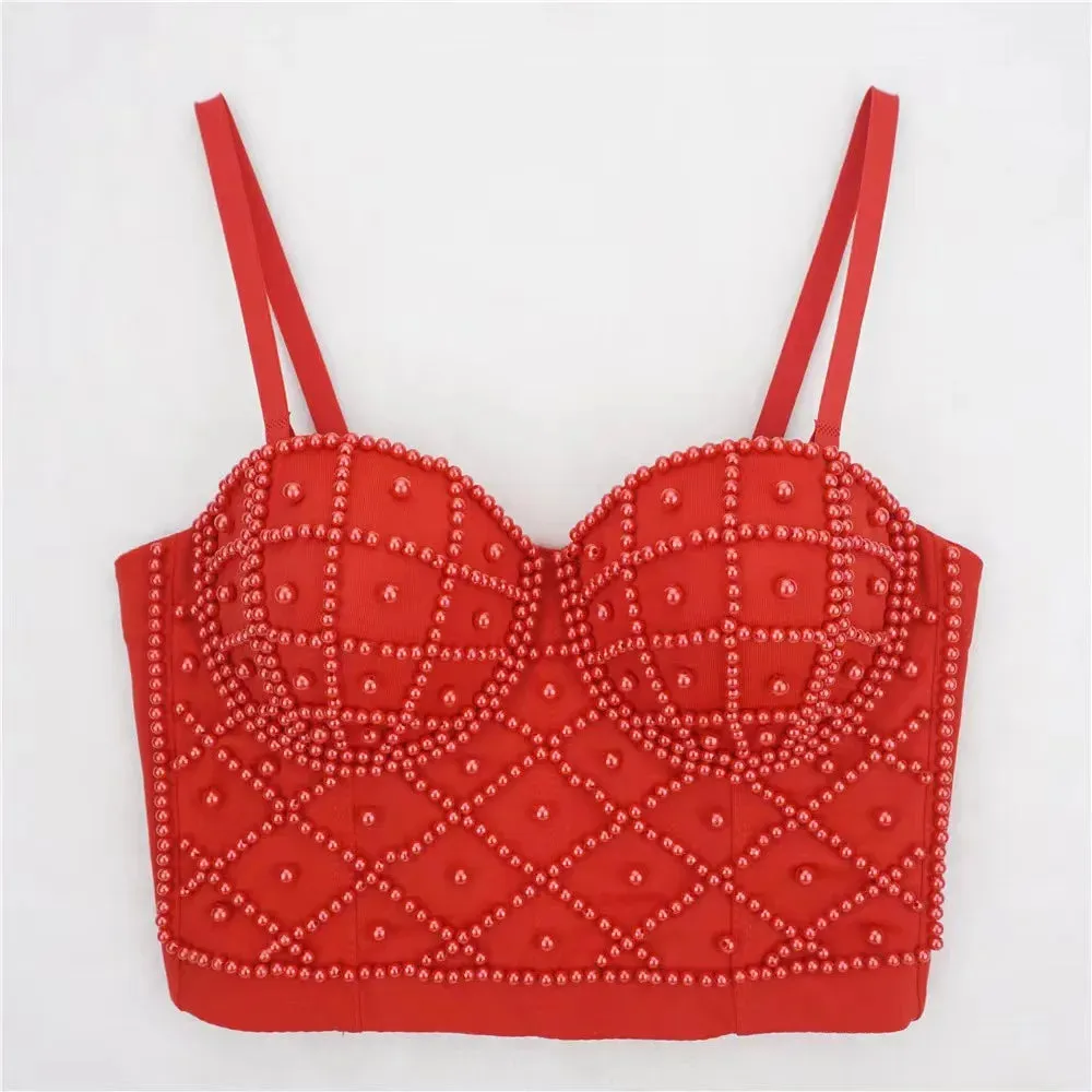 : Beaded Women’s Bustier Top - Sexy Corset Camisole with Pearl Padding for Nightclub Fashion