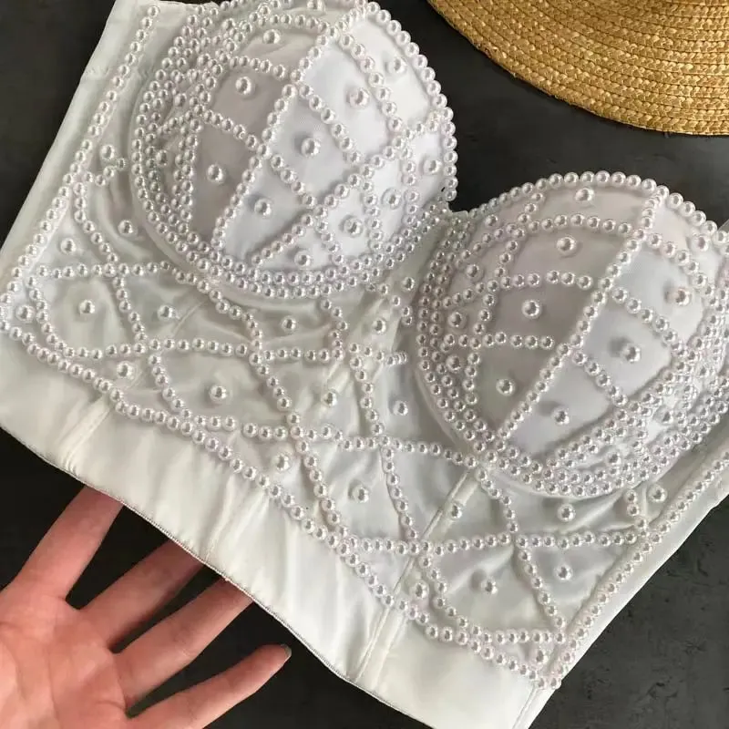 : Beaded Women’s Bustier Top - Sexy Corset Camisole with Pearl Padding for Nightclub Fashion