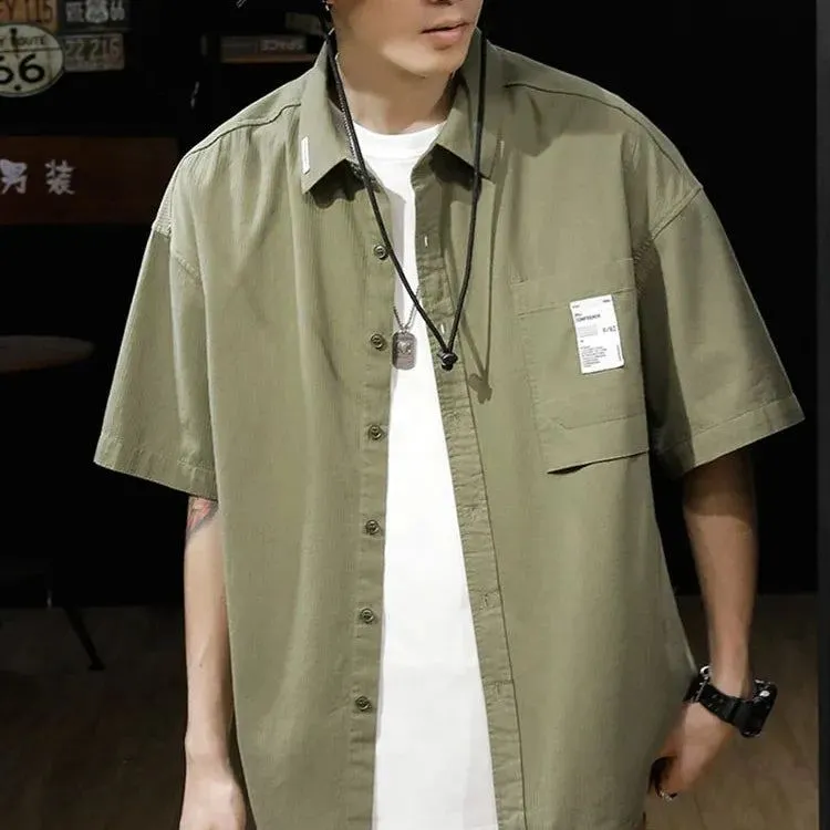 2023 Vintage Short Sleeve Social Shirt Men's Loose Casual Cardigan Cargo Shirt Summer Fashion Preppy Streetwear Plain Blouses
