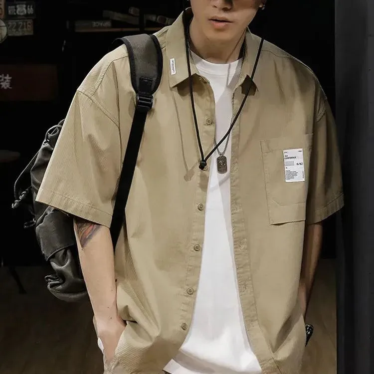 2023 Vintage Short Sleeve Social Shirt Men's Loose Casual Cardigan Cargo Shirt Summer Fashion Preppy Streetwear Plain Blouses