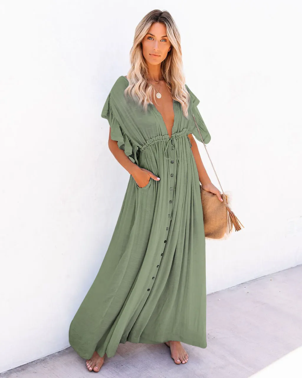 2025 Popular,   new beach blouse bamboo cloth button pumping waist rope long skirt sunscreen shirt New