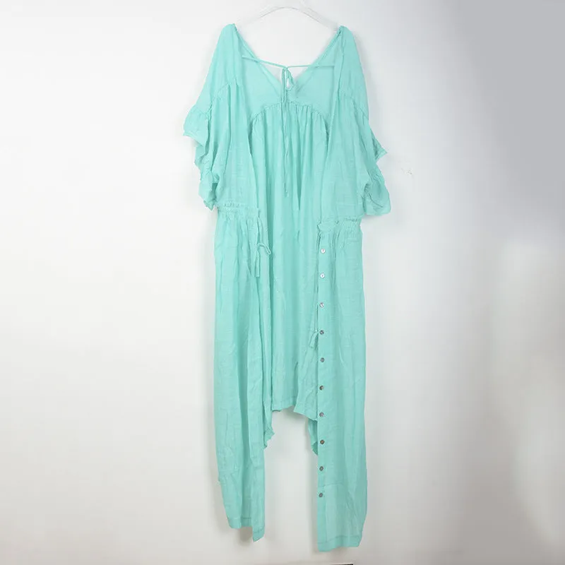 2025 Popular,   new beach blouse bamboo cloth button pumping waist rope long skirt sunscreen shirt New