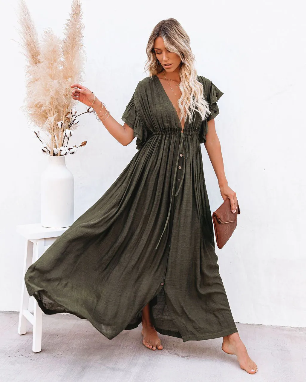 2025 Popular,   new beach blouse bamboo cloth button pumping waist rope long skirt sunscreen shirt New