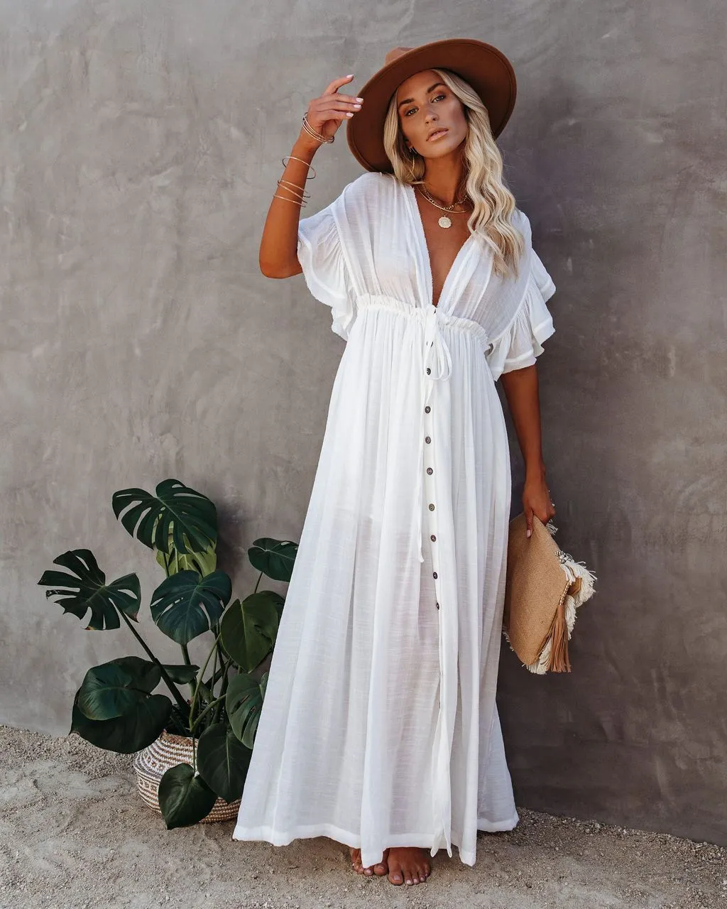 2025 Popular,   new beach blouse bamboo cloth button pumping waist rope long skirt sunscreen shirt New