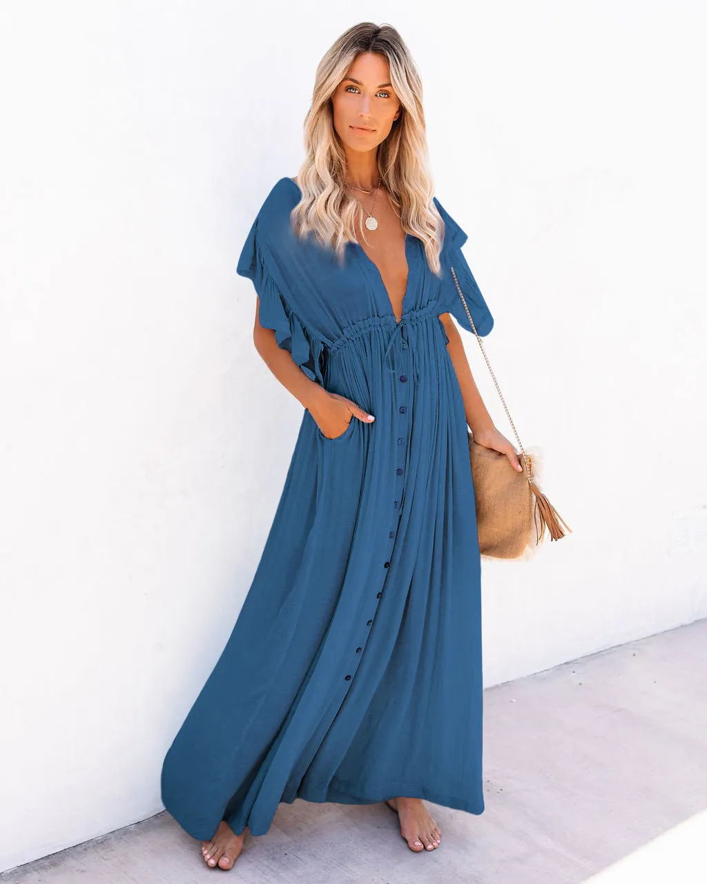 2025 Popular,   new beach blouse bamboo cloth button pumping waist rope long skirt sunscreen shirt New
