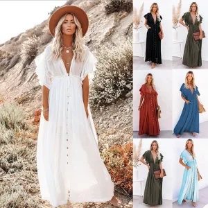 2025 Popular,   new beach blouse bamboo cloth button pumping waist rope long skirt sunscreen shirt New