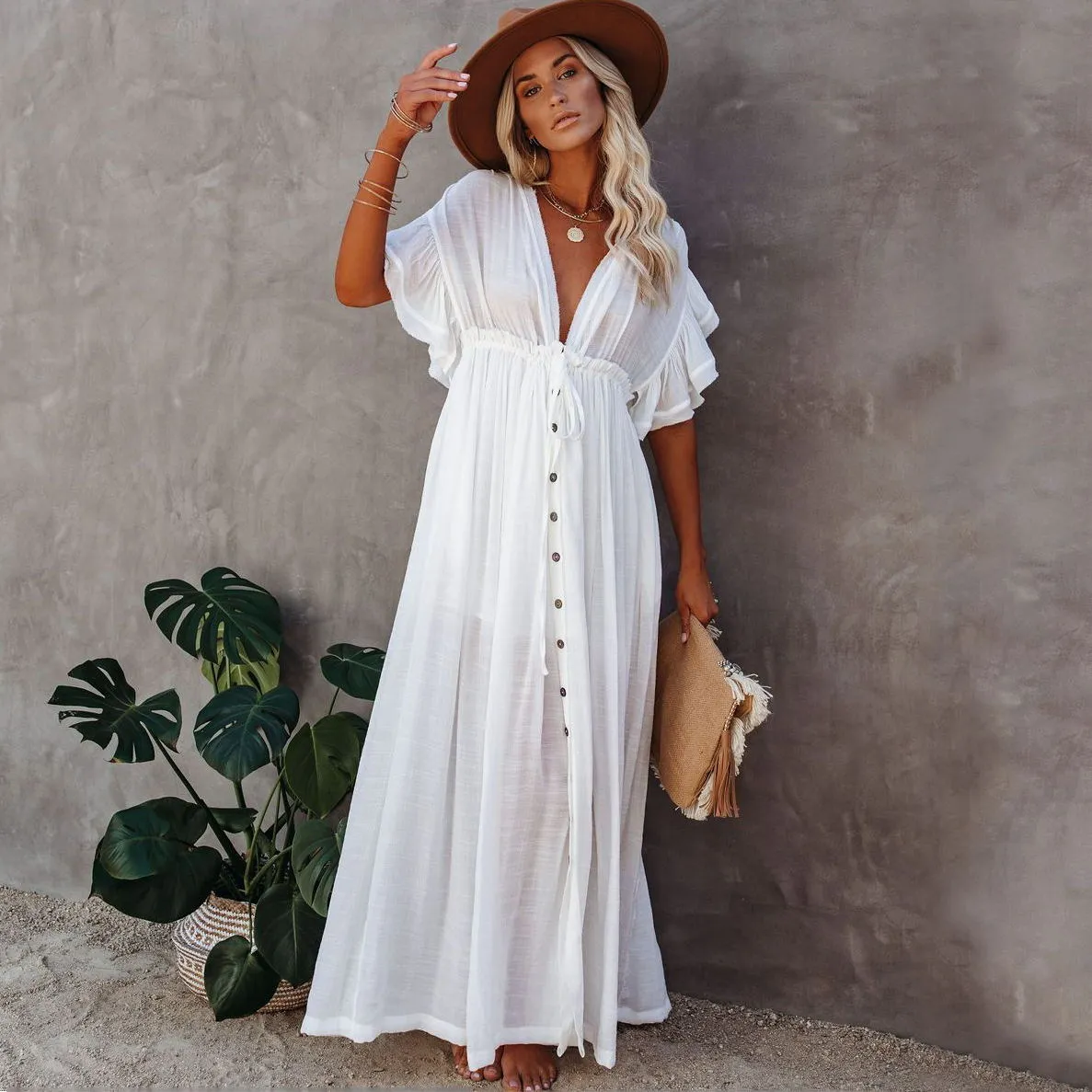 2025 Popular,   new beach blouse bamboo cloth button pumping waist rope long skirt sunscreen shirt New