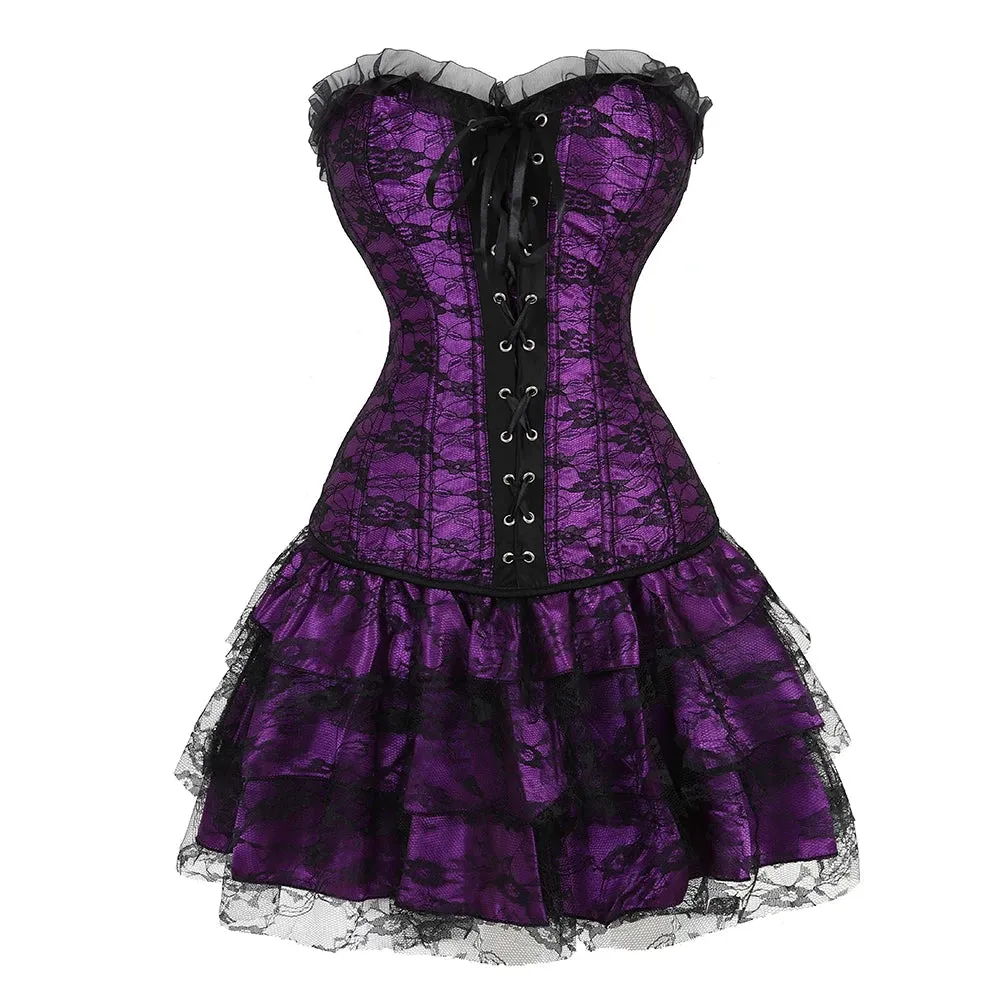 6XL Women's Lace Cover Overbust Corset Lace Up Boned Lingerie Zipper Side Carnival Waist and Body Shaper Bustier Plus Size