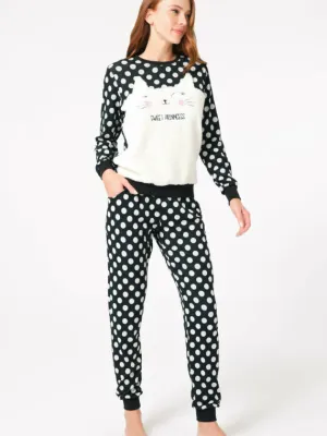 Anil Women’s Viscose Dotted Chest Cat Embroidery Long Sleeve Sweatshirt & Pants Set