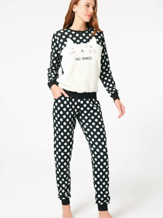 Anil Women’s Viscose Dotted Chest Cat Embroidery Long Sleeve Sweatshirt & Pants Set