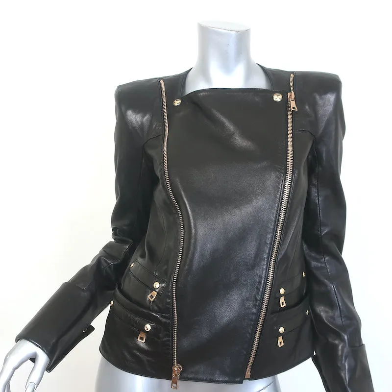 Balmain Double-Zip Leather Biker Jacket Black Size 42