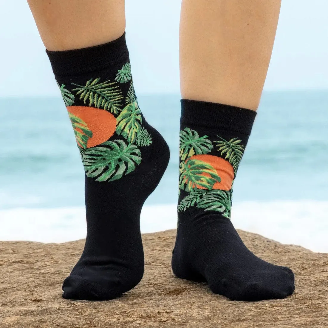 Bambukas Womens Monstera Sunset Crew Socks