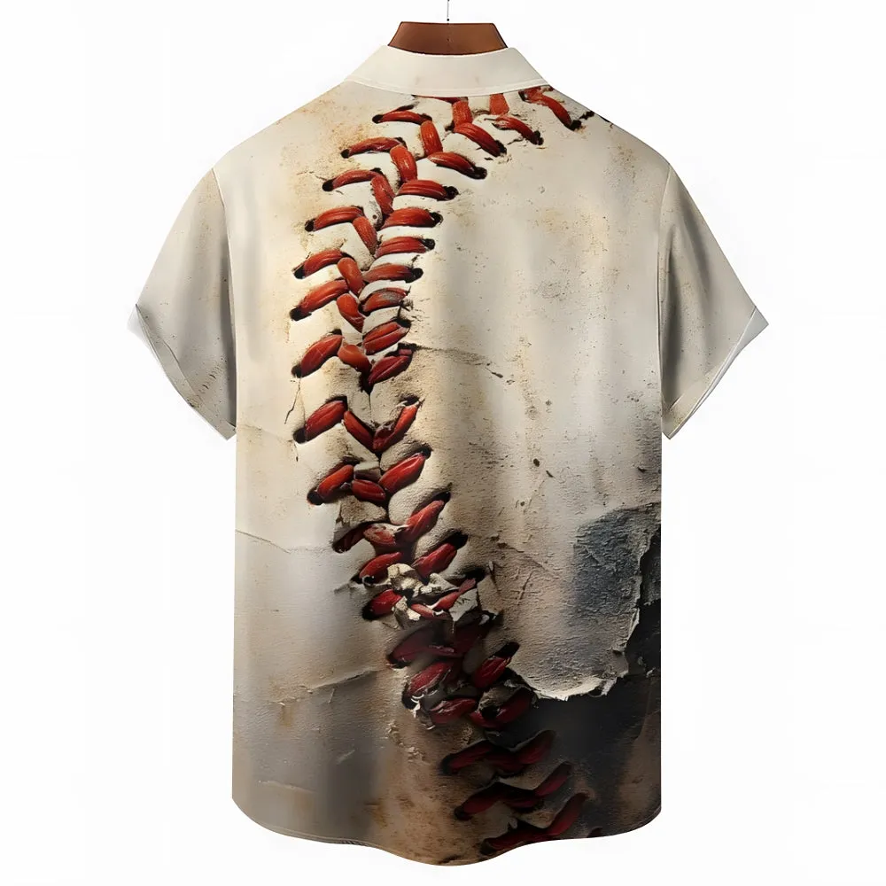 Baseball Retro Distressed Casual Short Sleeve Shirt 2409001756