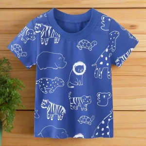 Boys Girls Short Sleeve Cute Printed Animal Cotton Tops - Blue