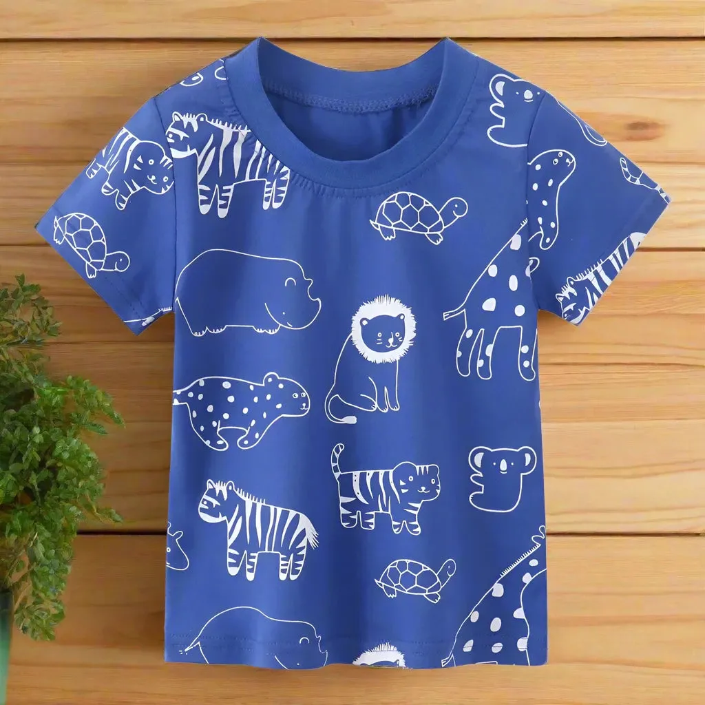 Boys Girls Short Sleeve Cute Printed Animal Cotton Tops - Blue