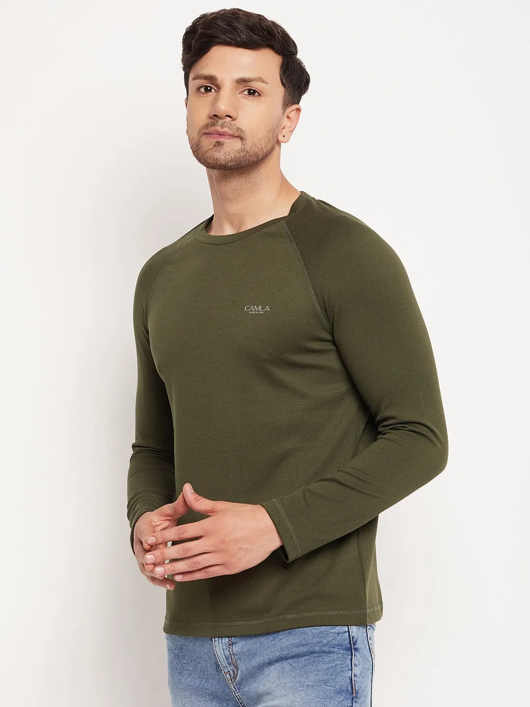 Camla Barcelona Round Neck Olive Green Long Sleeve T-Shirt