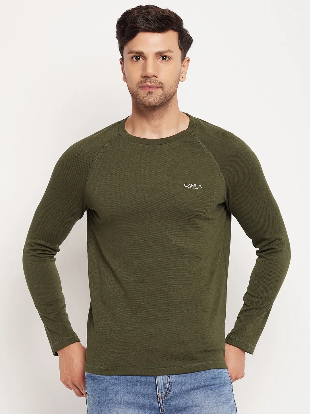 Camla Barcelona Round Neck Olive Green Long Sleeve T-Shirt