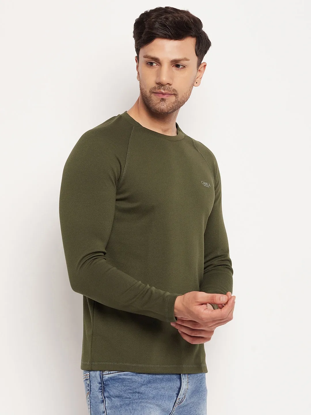 Camla Barcelona Round Neck Olive Green Long Sleeve T-Shirt