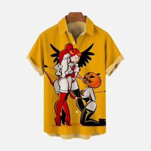 Cartoon Bondage Girl And Devil Angel Print Short Sleeve Shirt