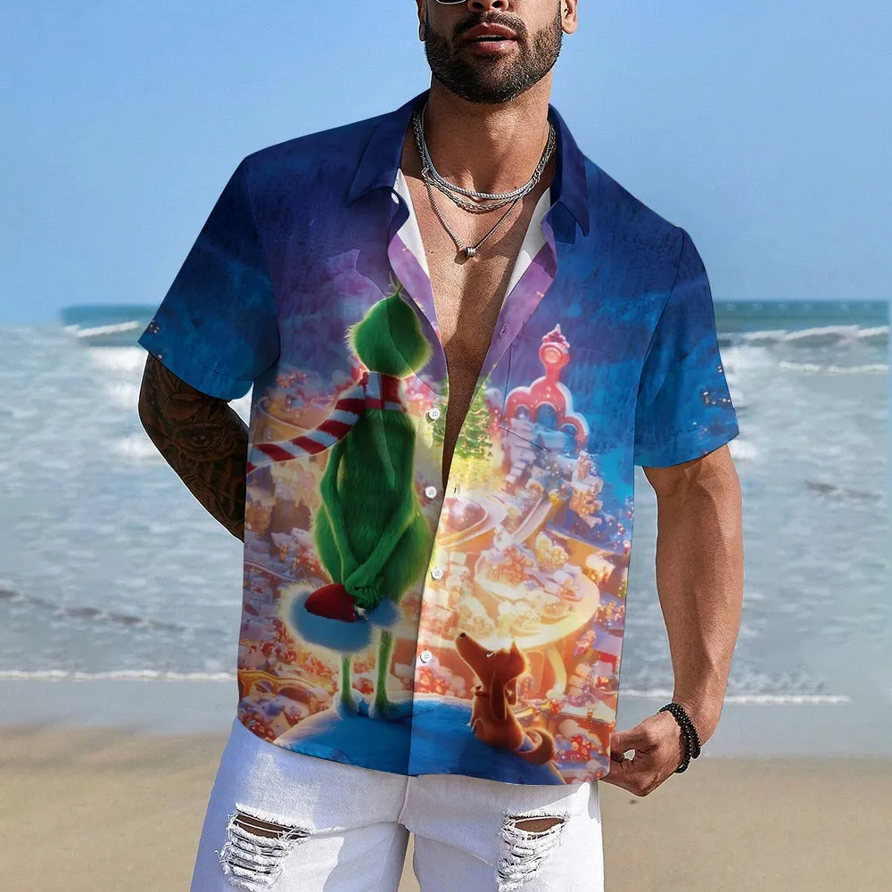 Cartoon Christmas Green Monster Print Short Sleeve Shirt 2411003265