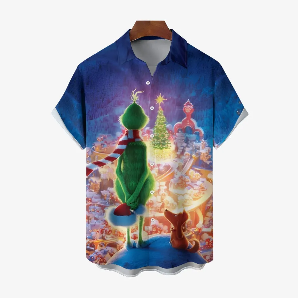 Cartoon Christmas Green Monster Print Short Sleeve Shirt 2411003265