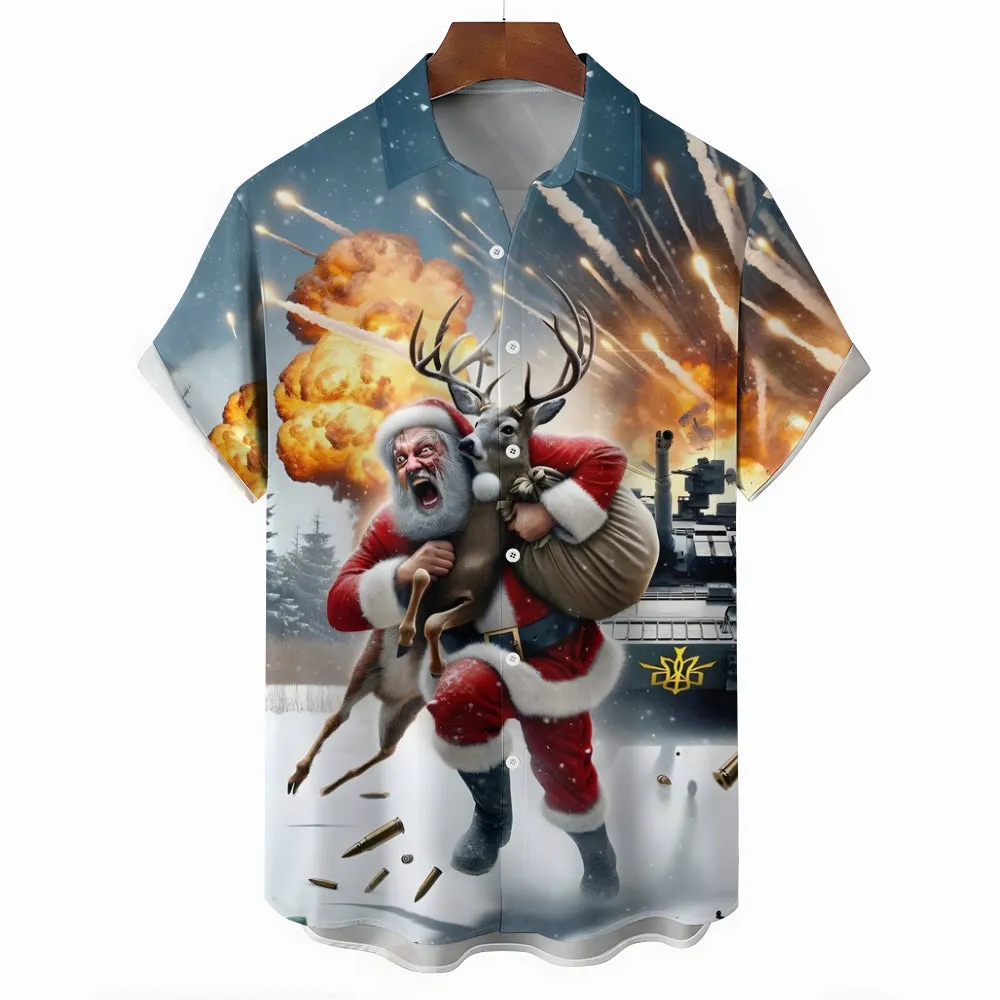 Christmas Exploding Santa Claus Print Casual Short Sleeve Shirt 2411009986