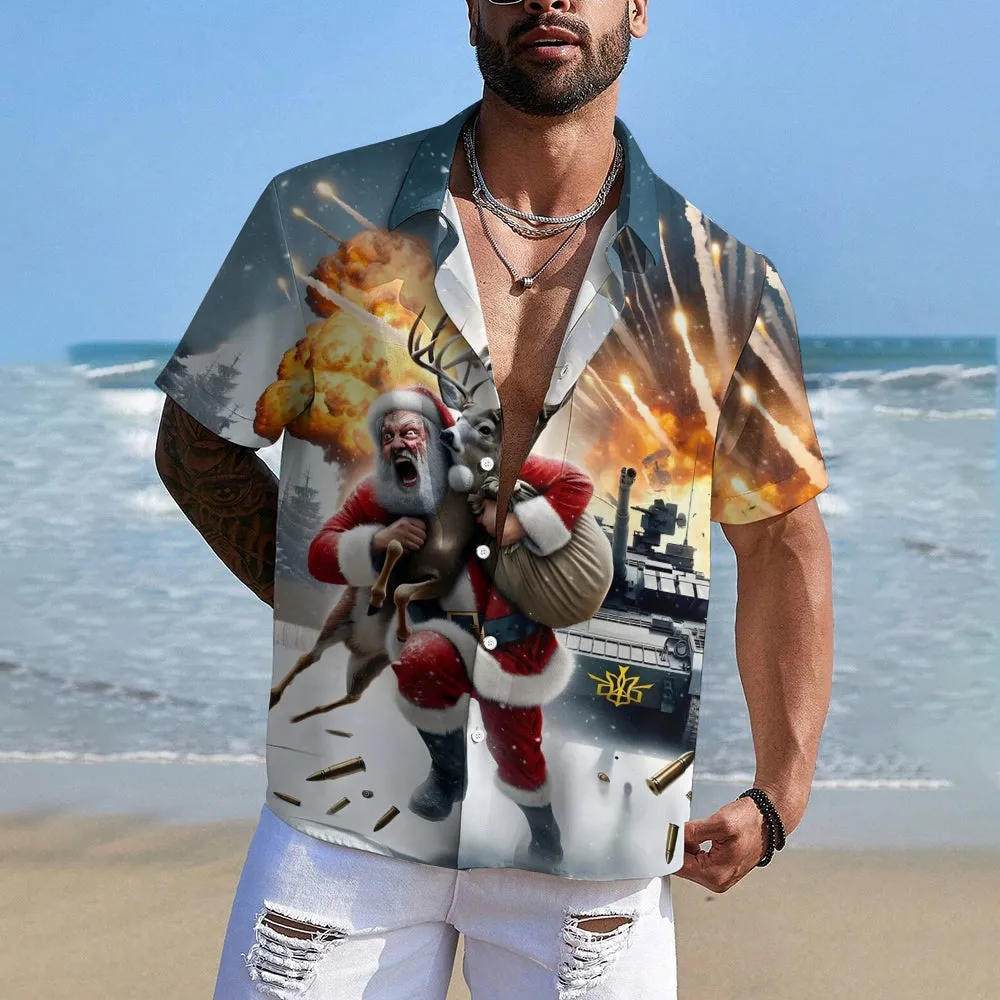 Christmas Exploding Santa Claus Print Casual Short Sleeve Shirt 2411009986