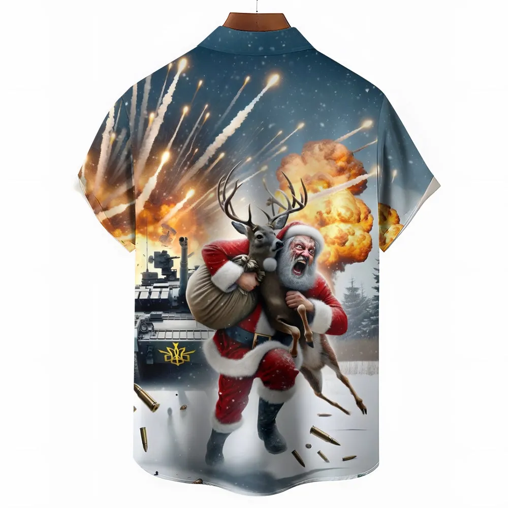 Christmas Exploding Santa Claus Print Casual Short Sleeve Shirt 2411009986
