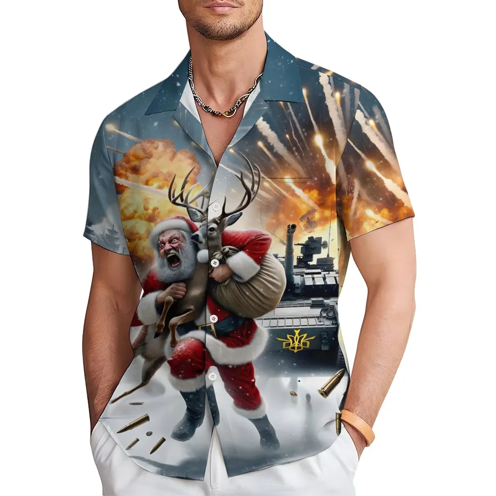 Christmas Exploding Santa Claus Print Casual Short Sleeve Shirt 2411009986