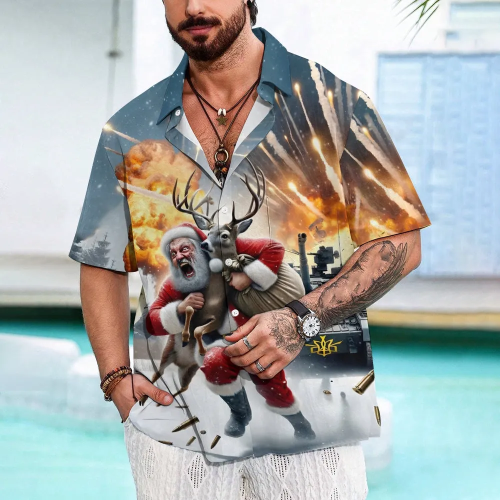 Christmas Exploding Santa Claus Print Casual Short Sleeve Shirt 2411009986