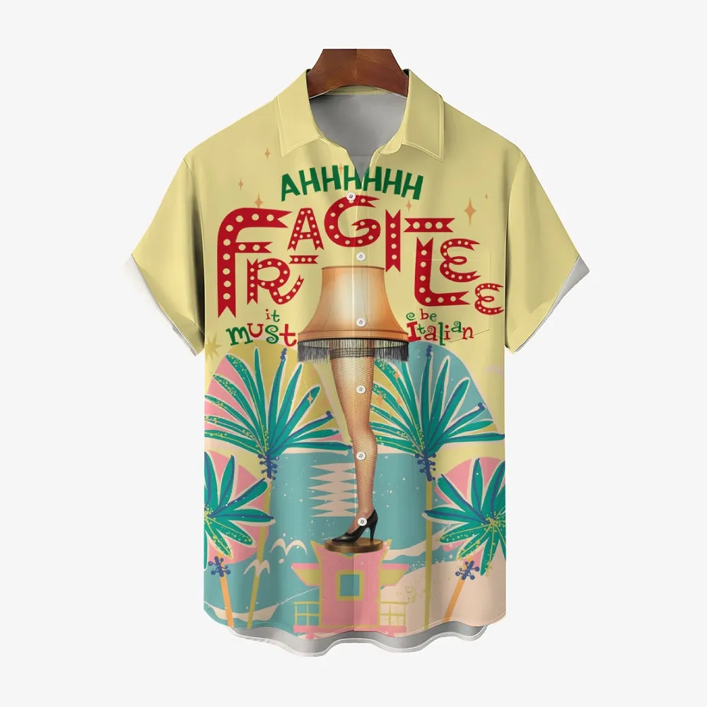 Christmas Words Old Movie Buttons Casual Short Sleeve Shirt 2411001275