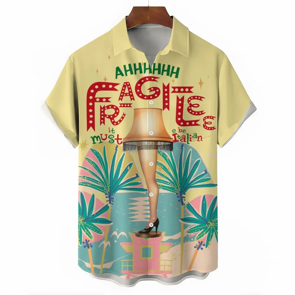 Christmas Words Old Movie Buttons Casual Short Sleeve Shirt 2411001275