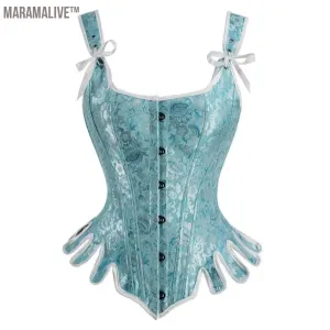 Corset Top with Straps Plus Size Lace Up Vintage Jacquard Steampunk Women Victorian Gothic Costume Renaissance Blue Pink
