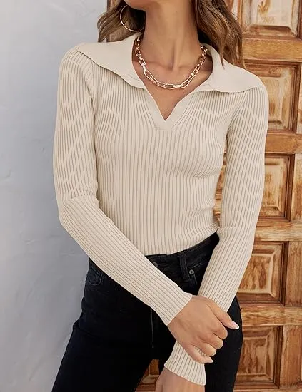 Crazy Grid Women's V Neck Ribbed Knit Sweater