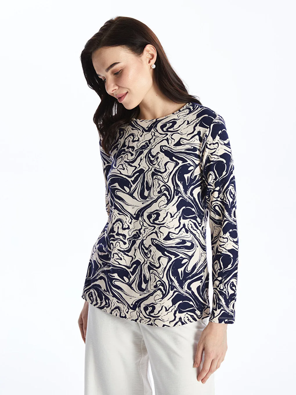 Crew Neck Patterned Long Sleeve Women's T-Shirt