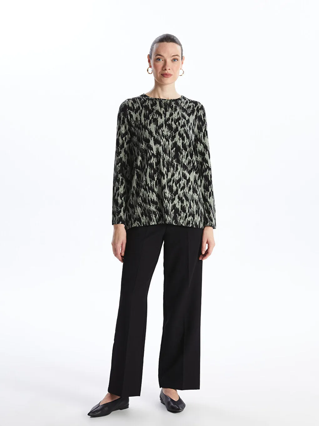 Crew Neck Patterned Long Sleeve Women's T-Shirt