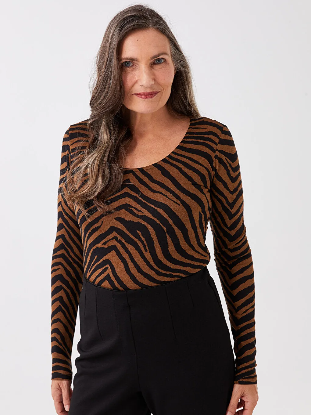 Crew Neck Patterned Long Sleeve Women's T-Shirt