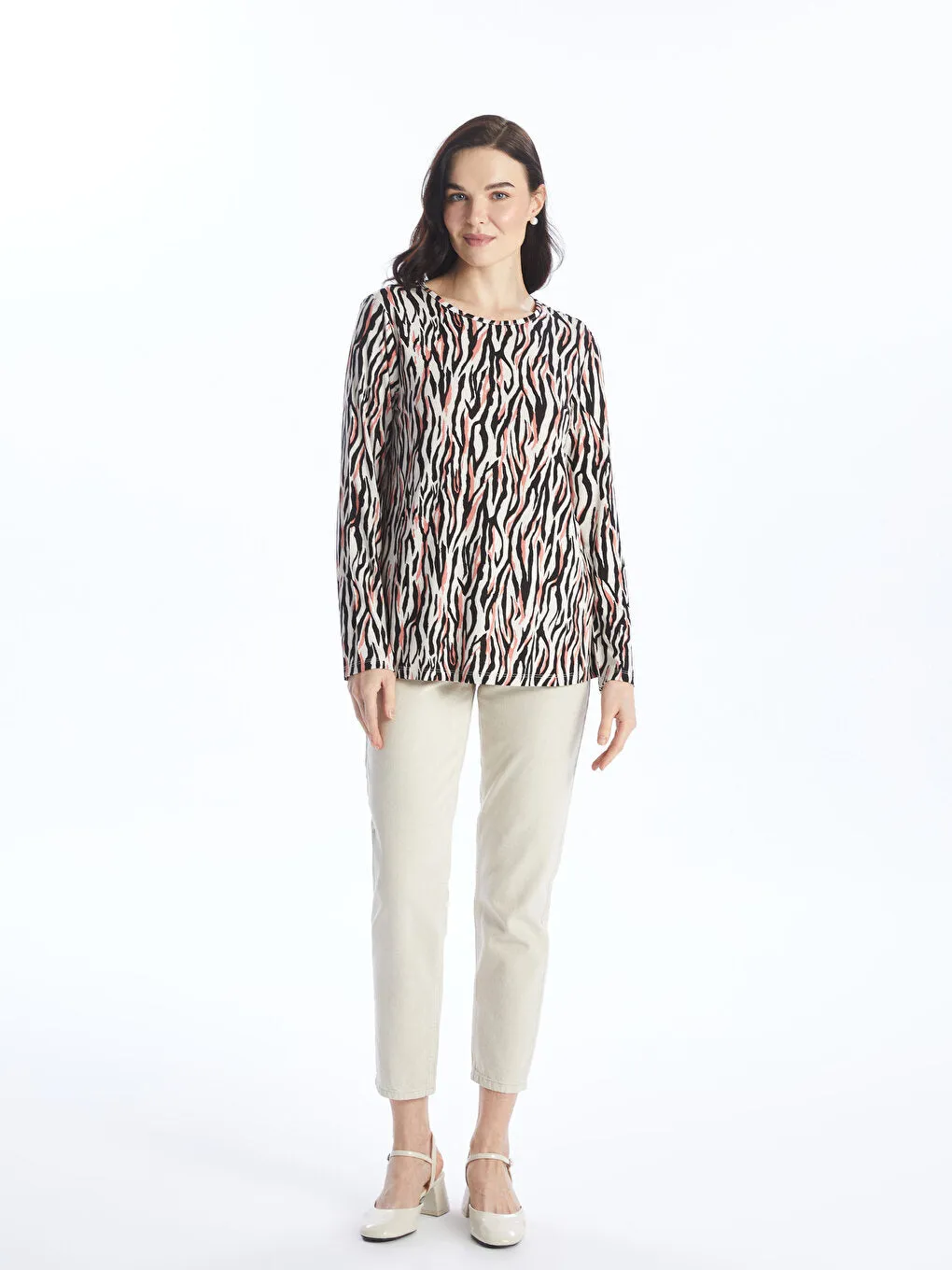 Crew Neck Patterned Long Sleeve Women's T-Shirt