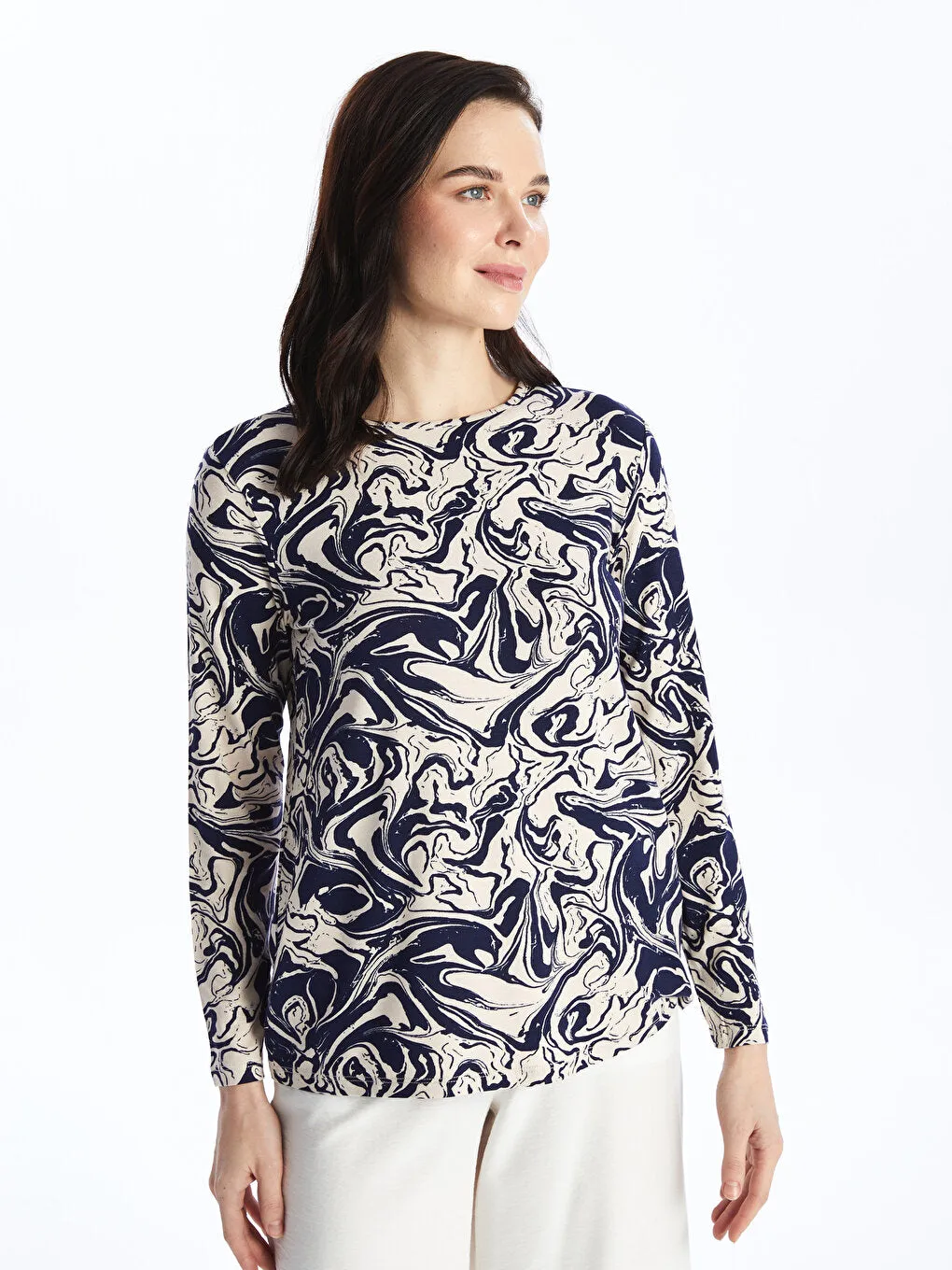 Crew Neck Patterned Long Sleeve Women's T-Shirt