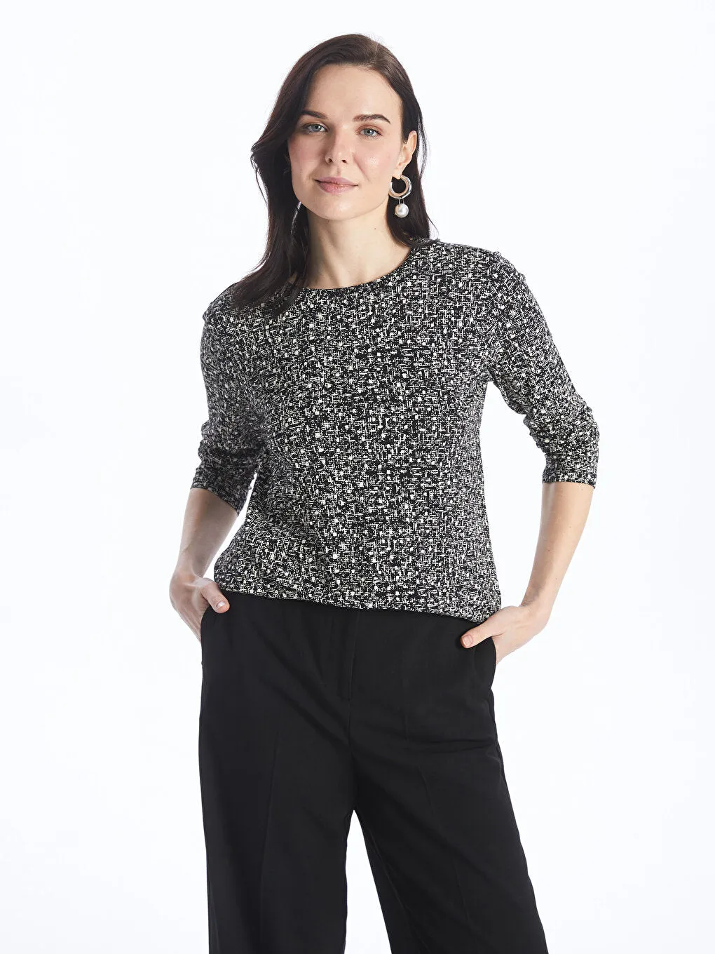 Crew Neck Patterned Long Sleeve Women's T-Shirt